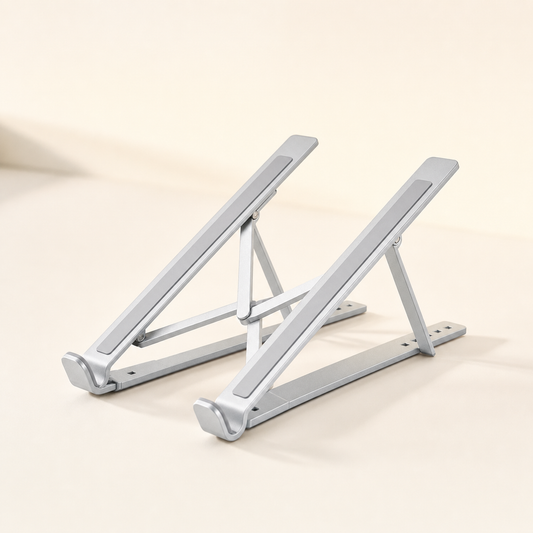 Foldable aluminium laptop stand on a desk
